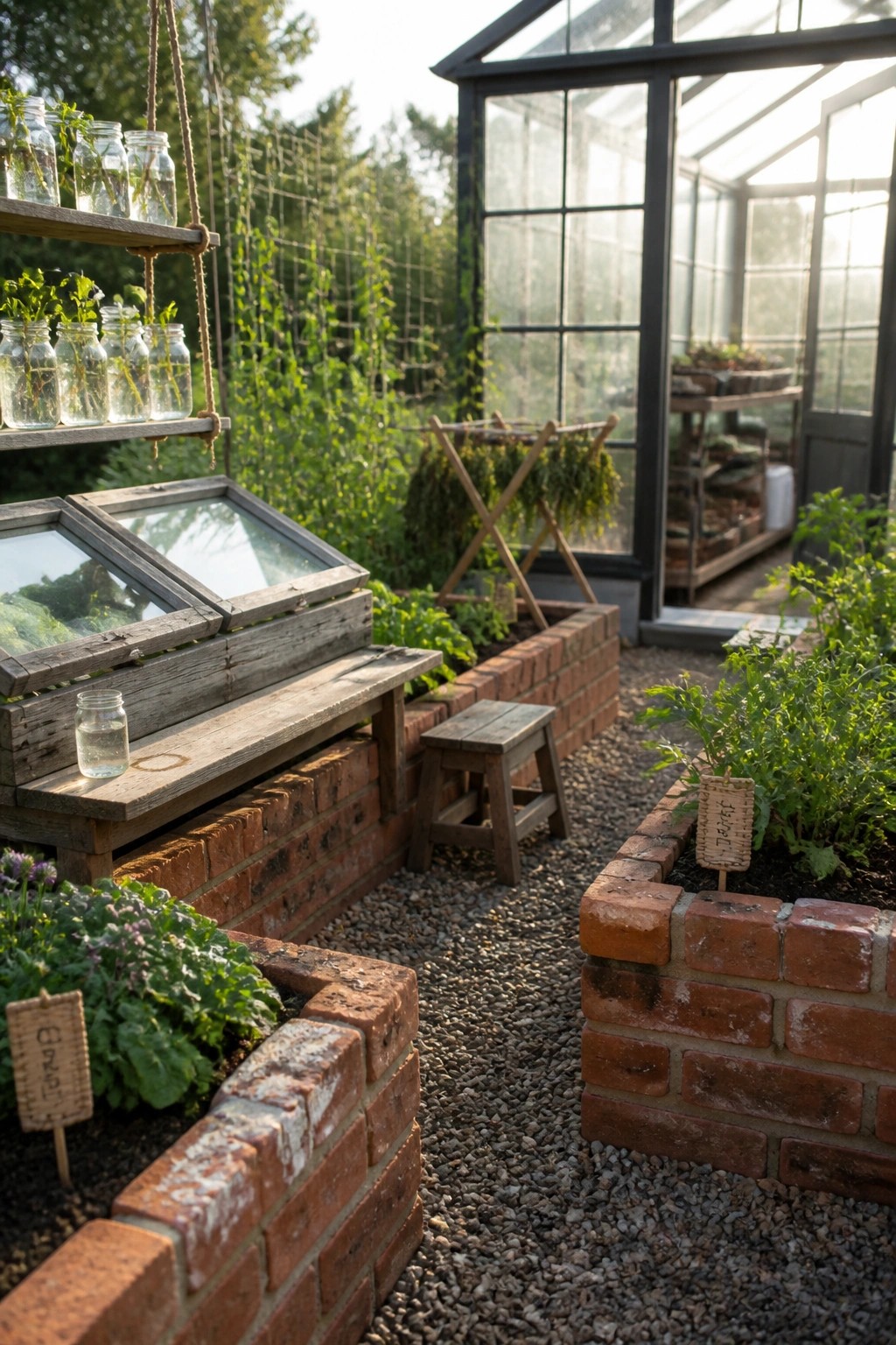 Rustic garden with brick raised beds, greenhouse, hanging seedling jars, and gravel path.