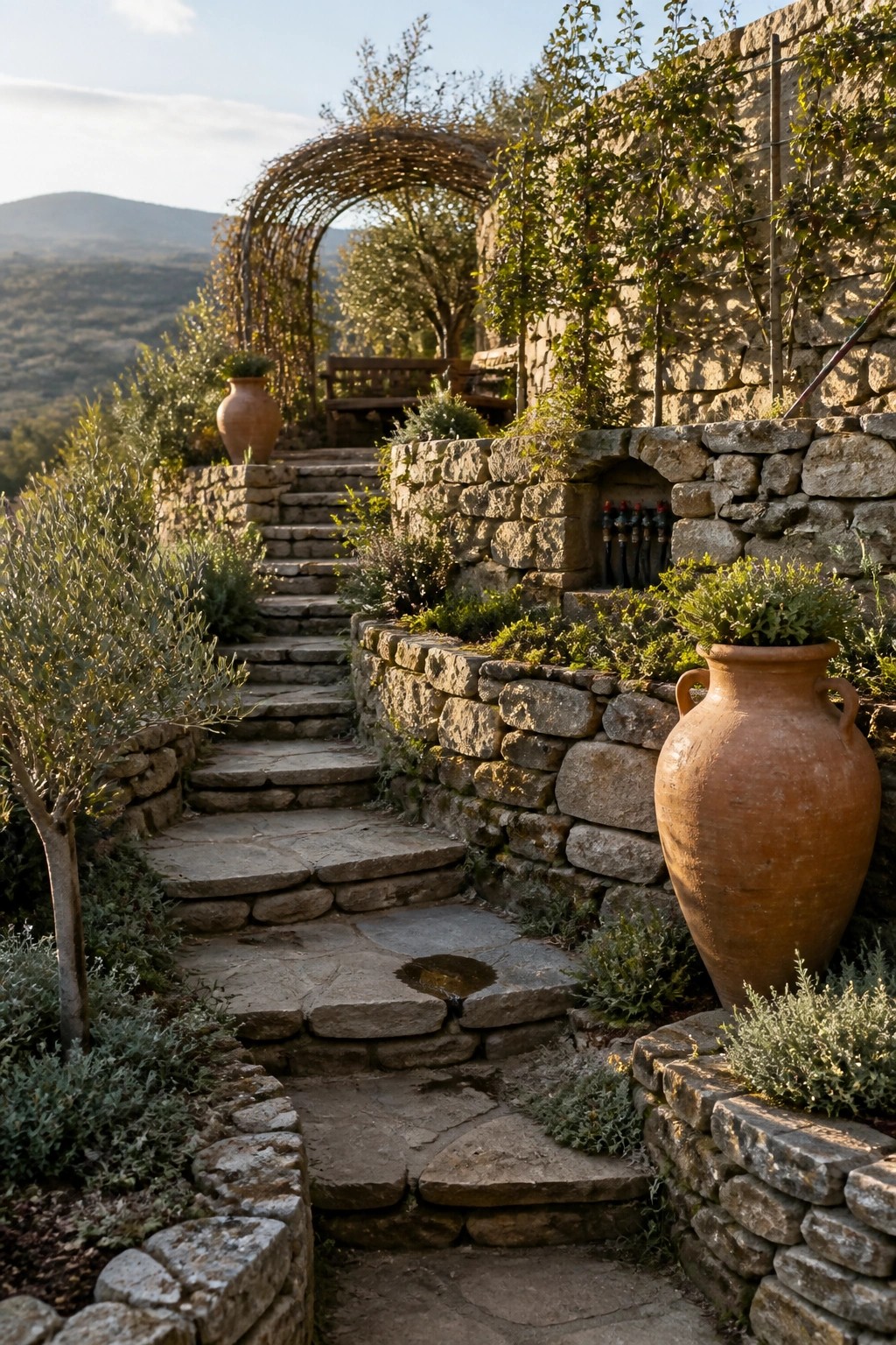A winding stone path with steps descends through a garden bordered by low stone walls and large terracotta pots.