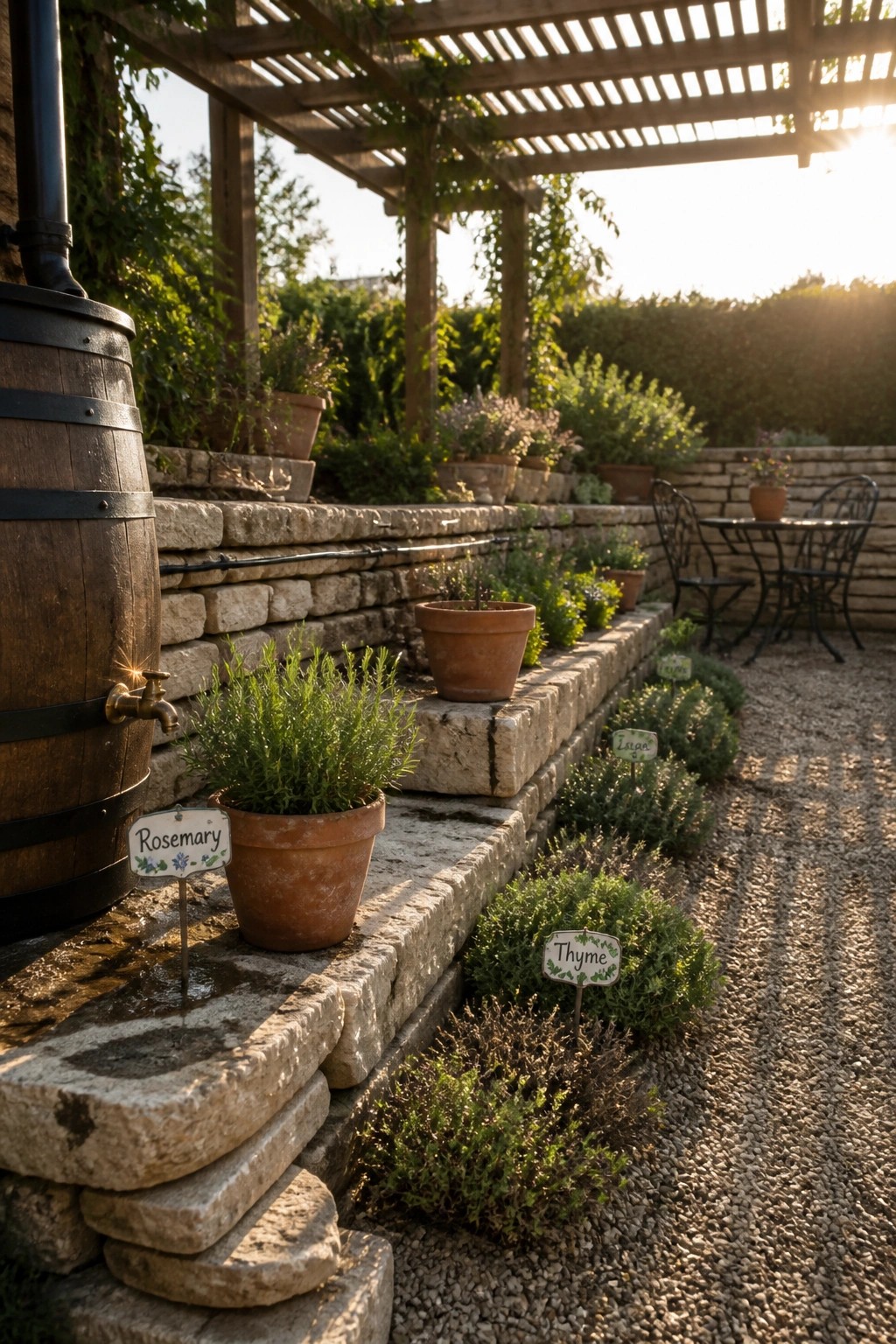 Labeled herb pots on stone steps beside rain barrel under wooden pergola at sunset