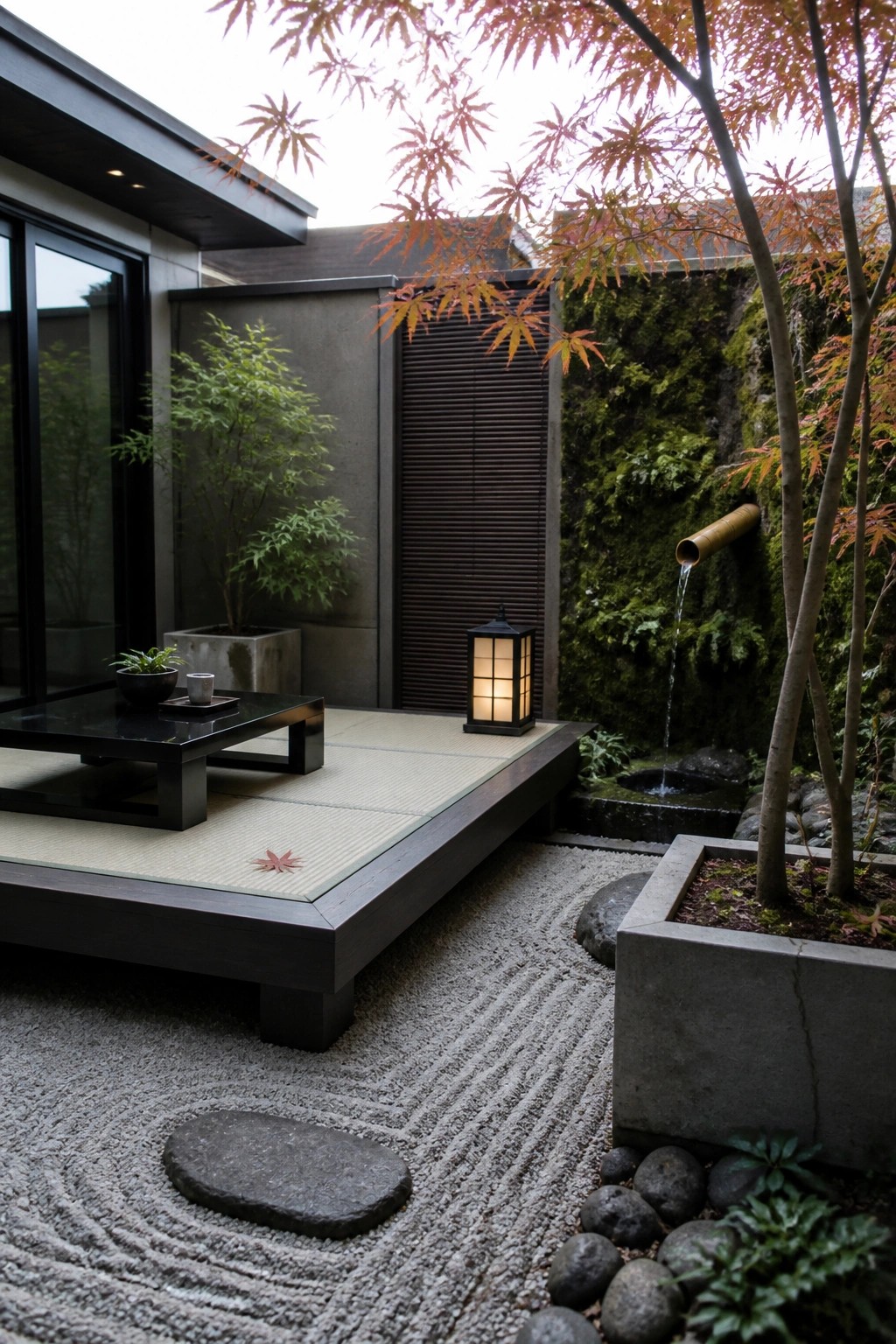 A small courtyard garden with a raised wooden platform covered in tatami mats, a low black table, a glowing lantern, raked gravel, stepping stones, and a bamboo water spout on a mossy wall.
