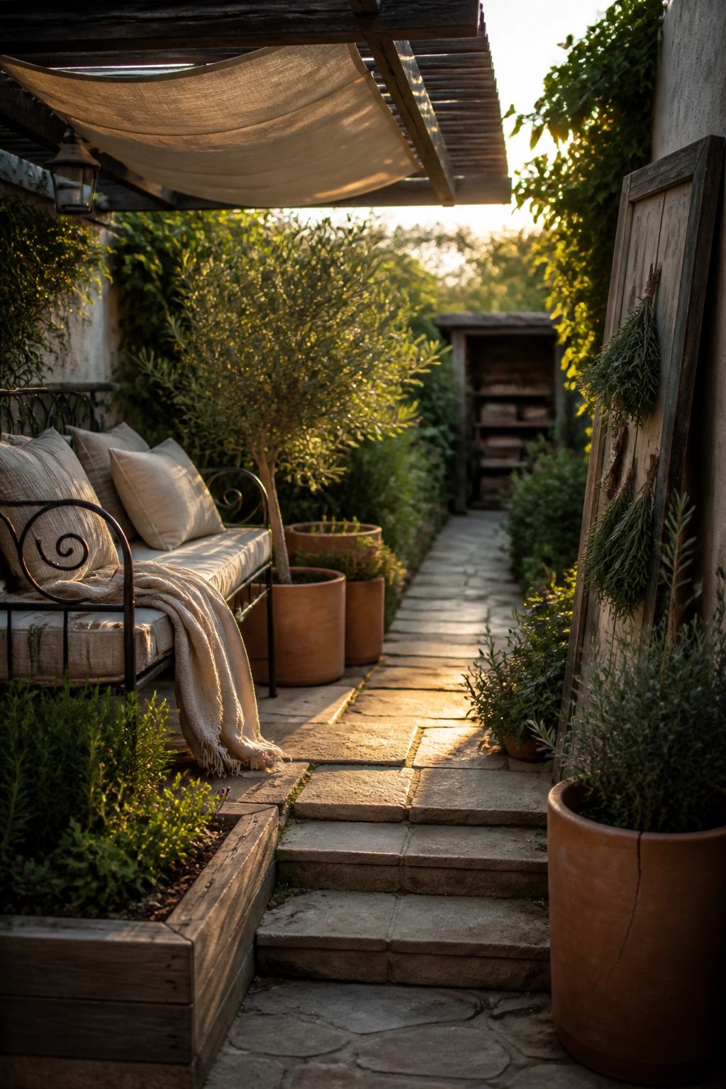 Cozy garden patio with stone path, iron bench, terracotta pots, and wooden pergola at sunset.