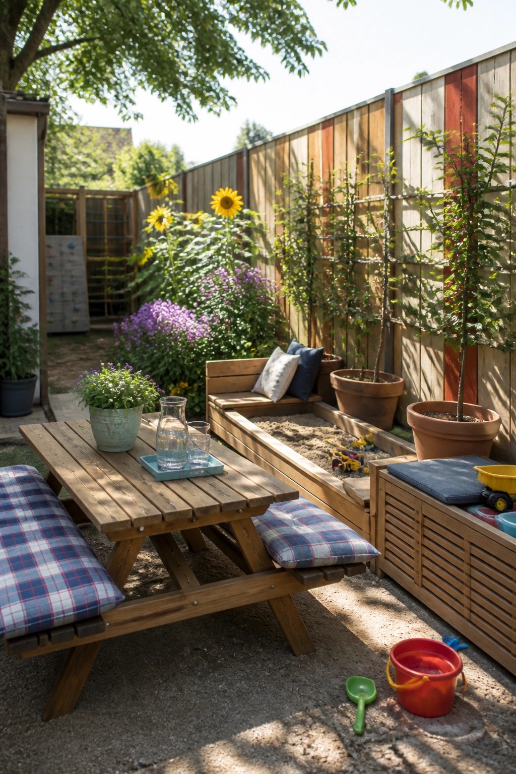 A wooden picnic table with plaid cushions sits beside a raised sandbox in a small backyard with potted plants along a wooden fence.