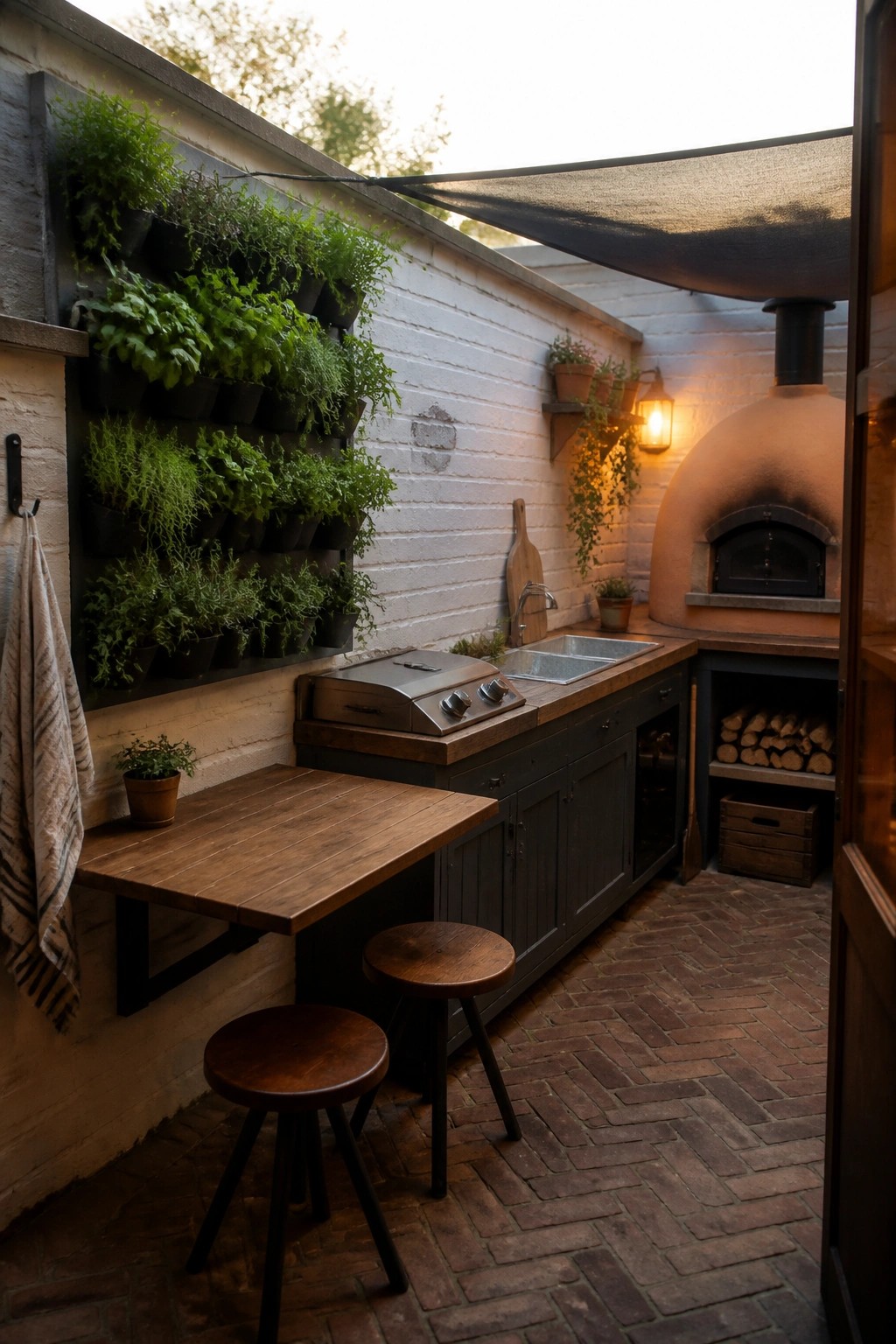 An outdoor kitchen corner with a large vertical garden wall of herbs on white brick, a built-in grill and sink on a wooden counter, a pizza oven, and a small wooden table with stools on a brick patio.