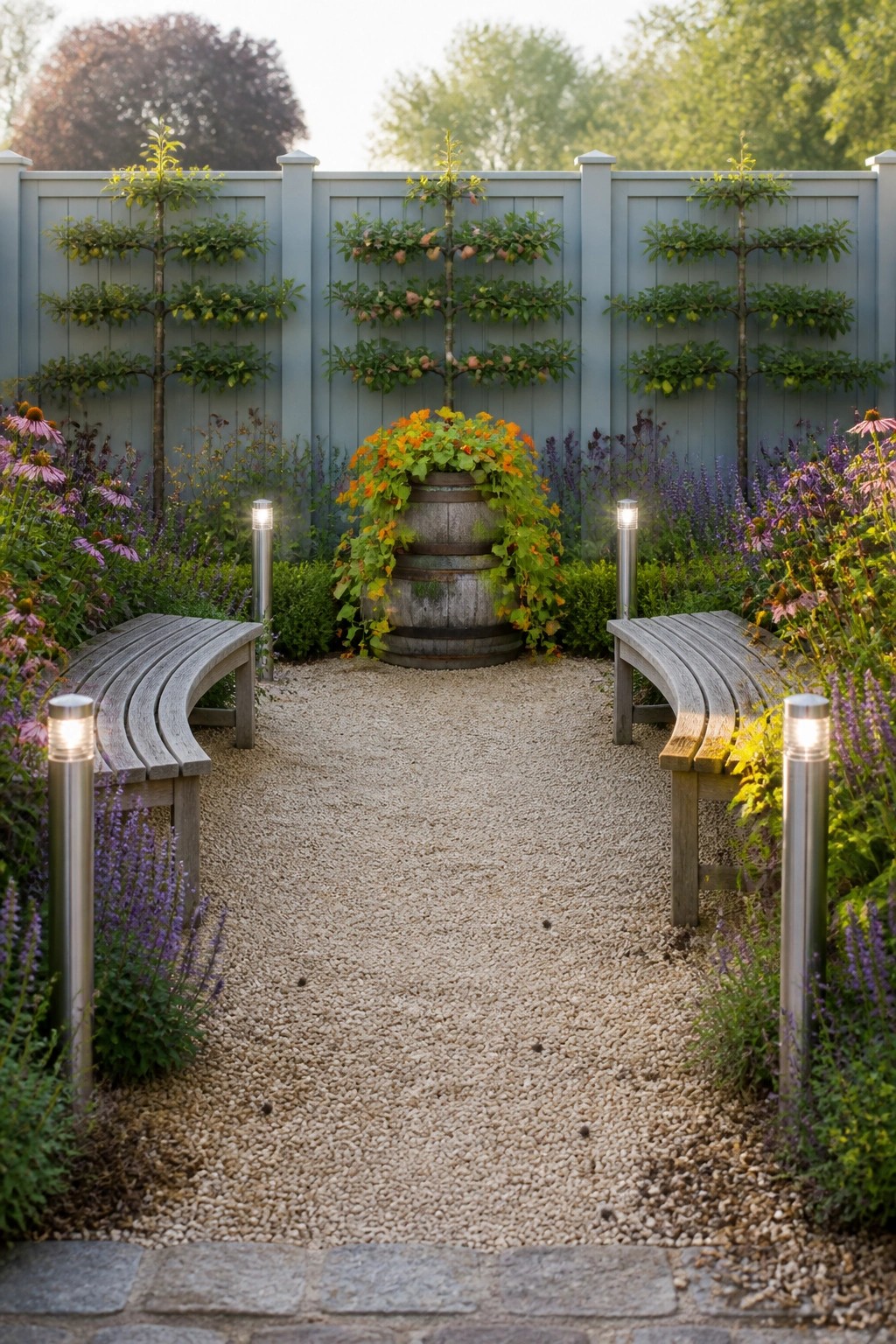 A gravel path runs between two curved wooden benches toward a wooden barrel planter with orange flowers, set against a gray fence lined with espaliered trees.