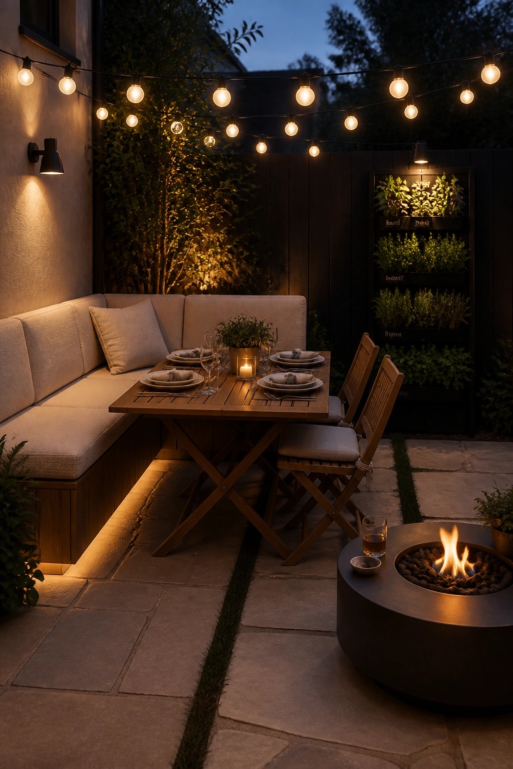 A small backyard patio at dusk featuring a wooden dining table with built-in bench seating, string lights overhead, a vertical herb garden on the fence, and a lit fire pit on the stone pavers.
