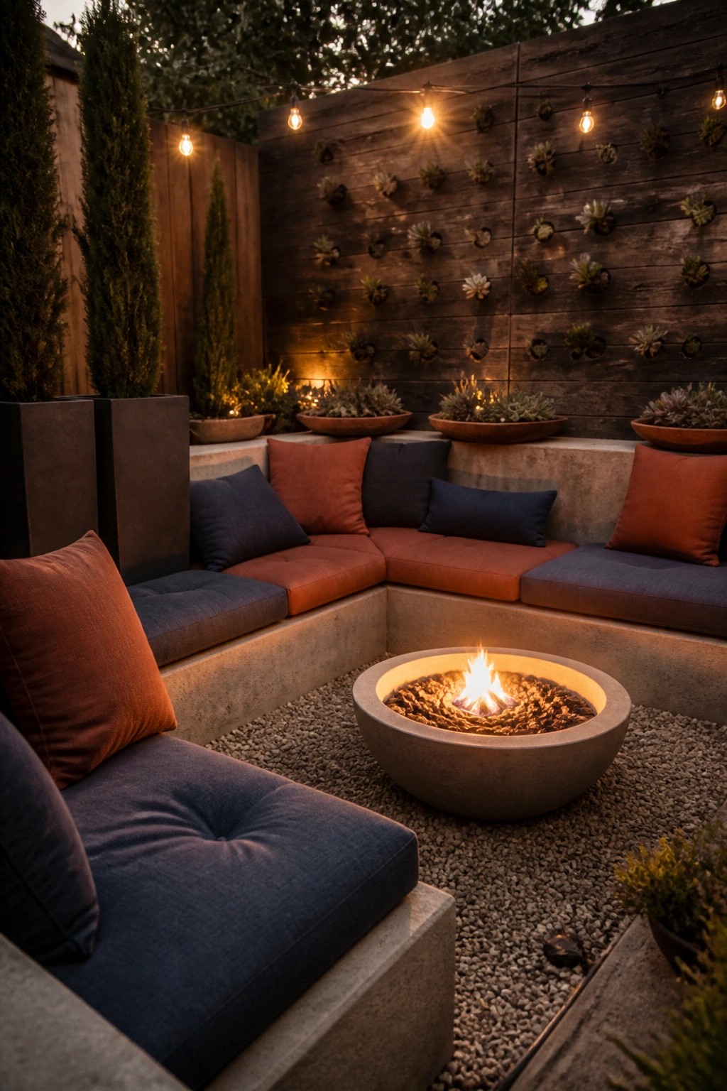 A small backyard patio with a round concrete fire pit surrounded by L-shaped built-in seating with cushions, set against a wooden wall with mounted plants and string lights.