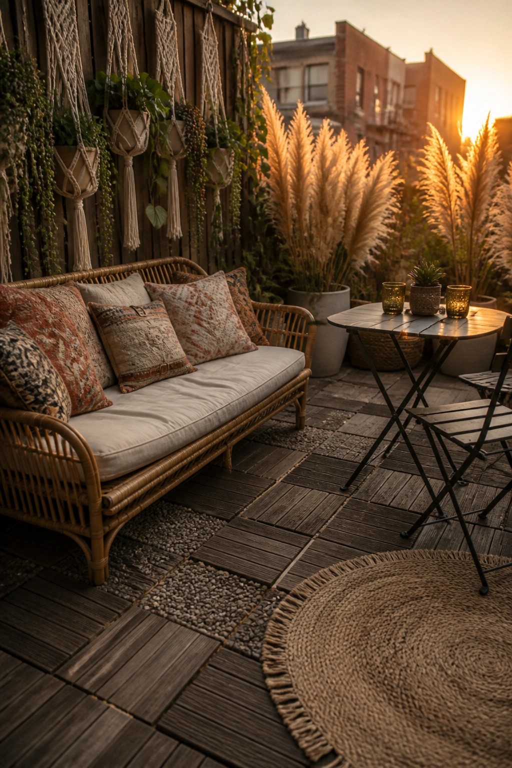 Cozy deck with rattan sofa, macrame plants, round table, and glowing pampas grass at sunset.