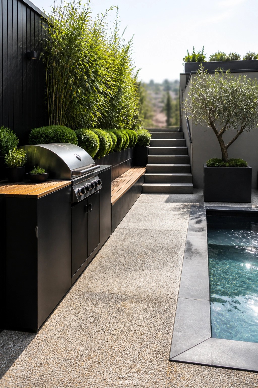 Outdoor kitchen with stainless steel grill, black cabinets, wooden countertop and bench along a wall next to a narrow pool in a paved backyard.