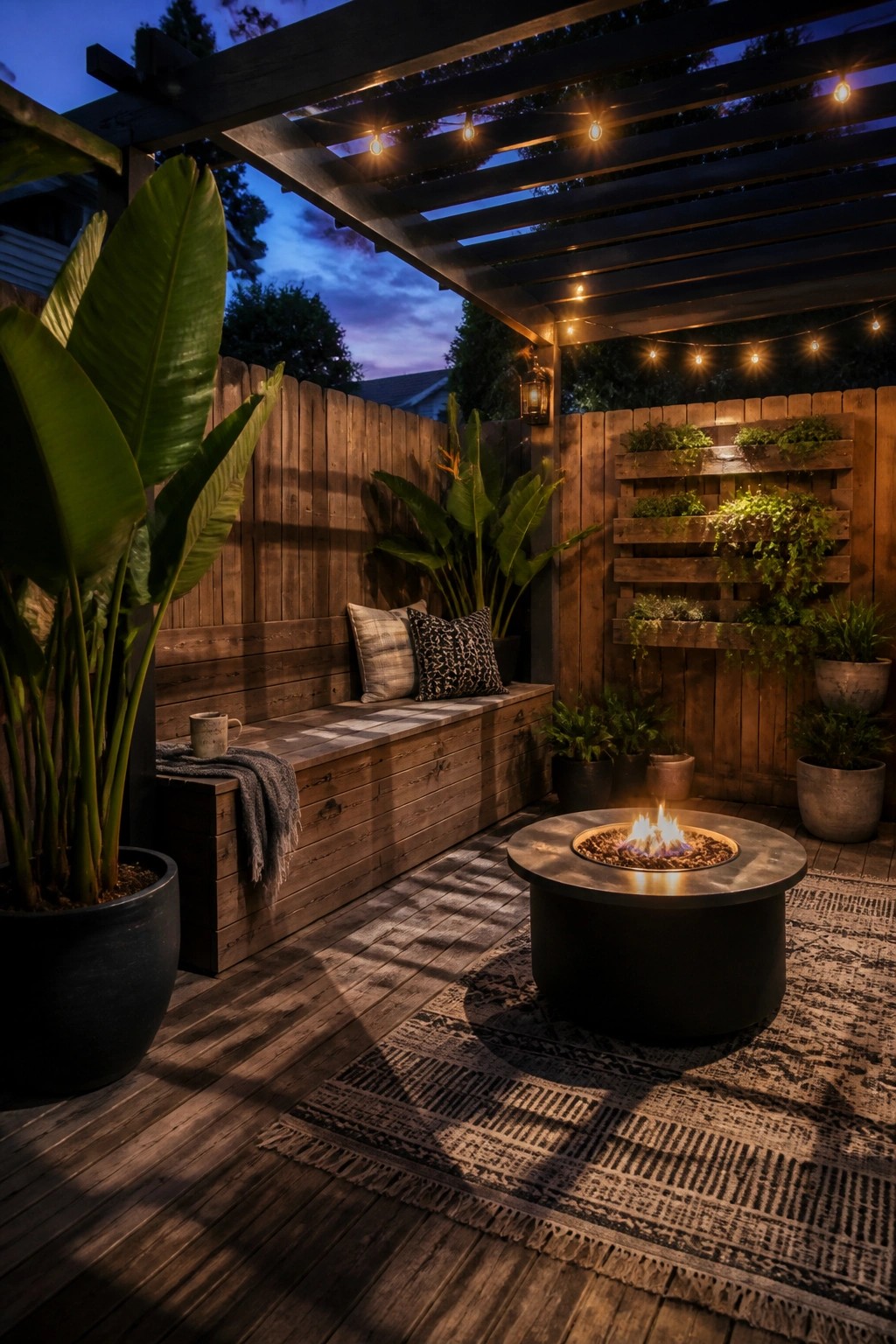 A small wooden deck at dusk with a built-in bench along the fence, a round fire pit on a patterned rug, string lights overhead, and potted plants against vertical wood planters.