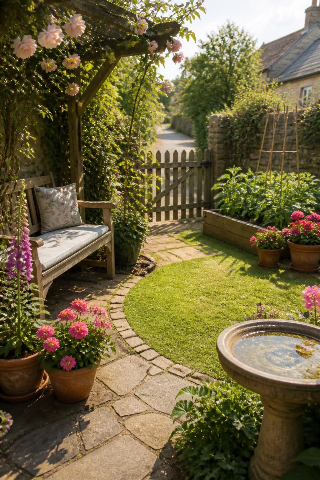 A curved stone path winds through a small backyard garden past potted flowers, a wooden bench under a rose arbor, and a stone birdbath.