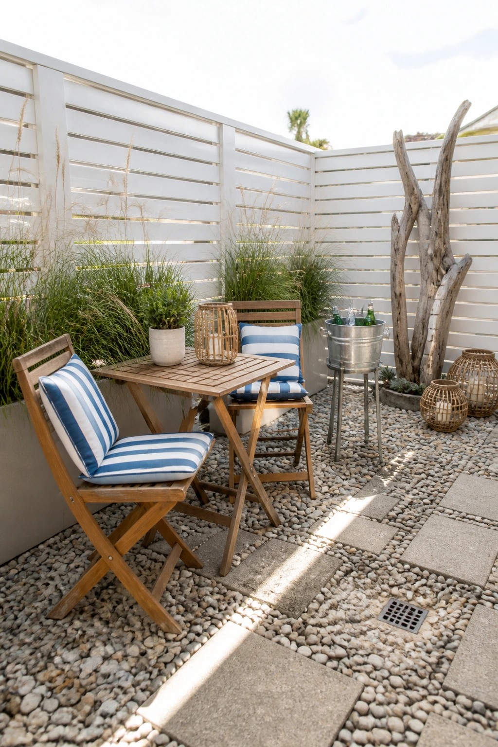 A small wooden folding table with two matching chairs sits on a gravel and paver surface in a fenced backyard patio.