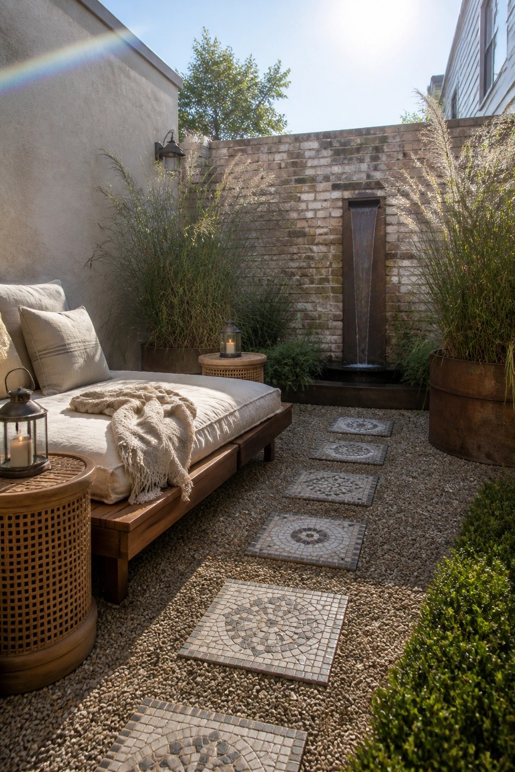 A narrow backyard features a wooden lounge daybed beside a gravel path lined with circular mosaic stepping stones, leading toward a wall-mounted water fountain on a brick wall.