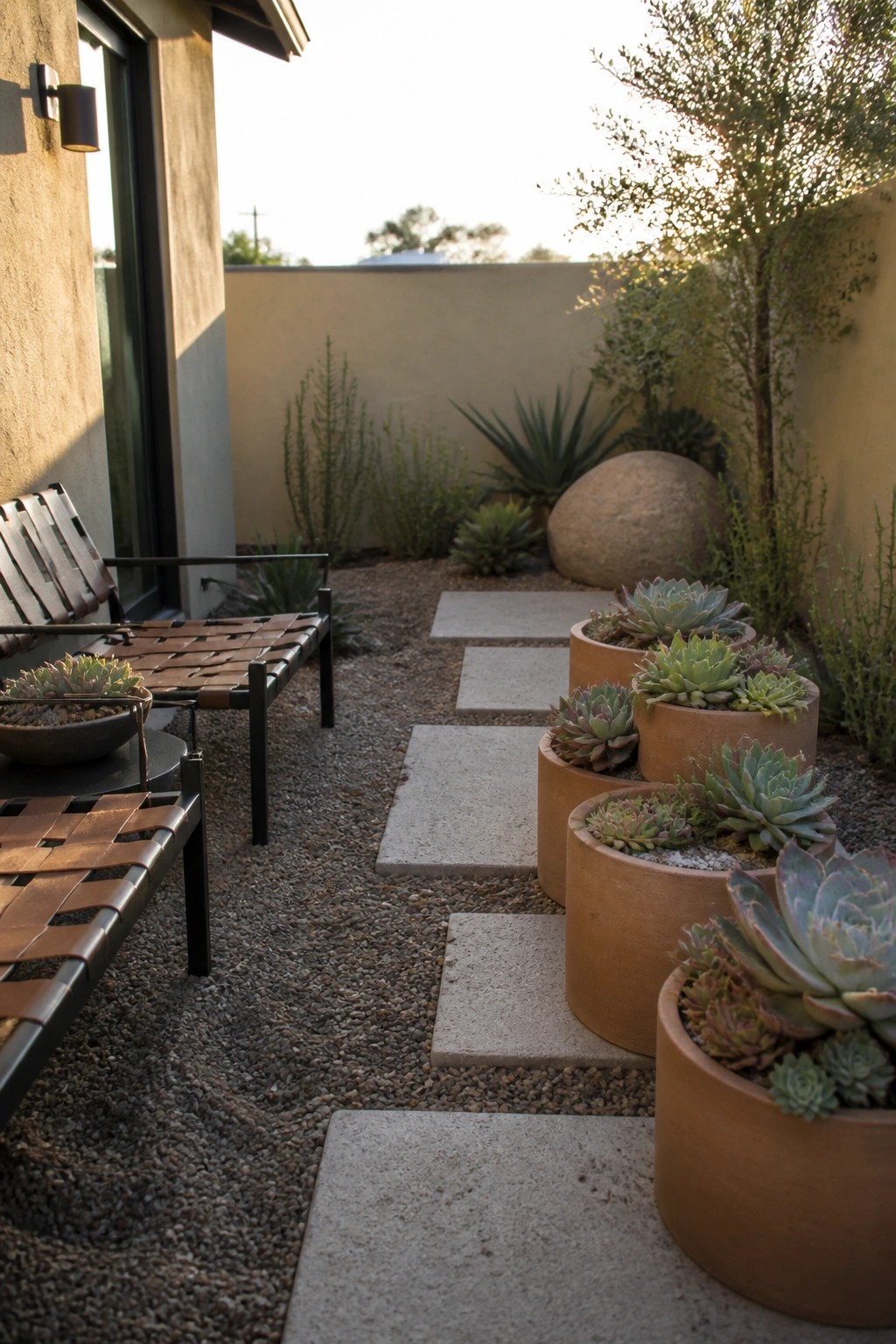 A backyard gravel path with concrete stepping stones is lined with terracotta pots of succulents next to a modern bench.
