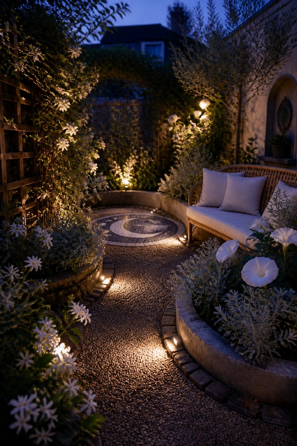 A nighttime garden scene showing a curved gravel path edged with low lights, white flowering plants on both sides, and a cushioned bench to the right.