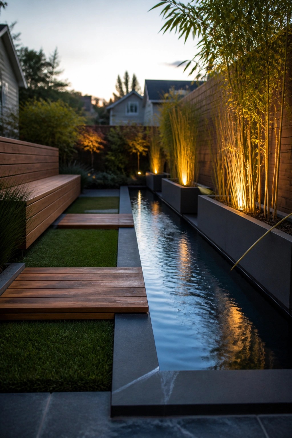 A narrow water channel runs the length of a small backyard between wooden decking, grass sections, and raised planters holding tall bamboo.