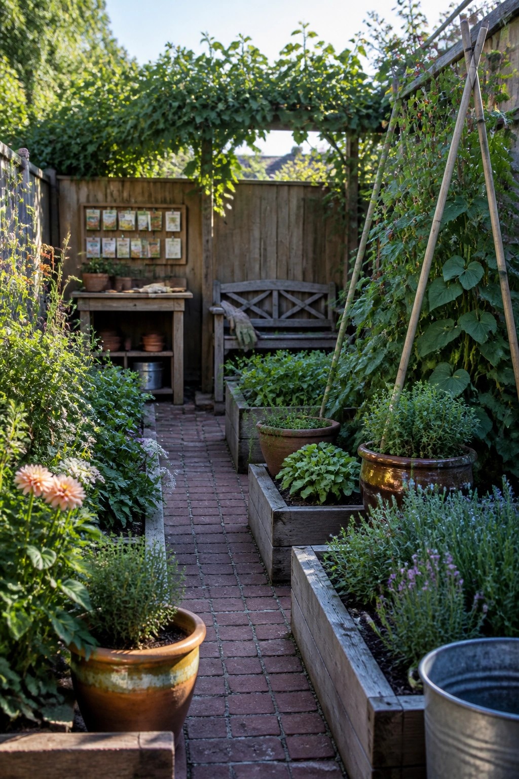 Lush garden path lined with wooden planters, terracotta pots, and flowers