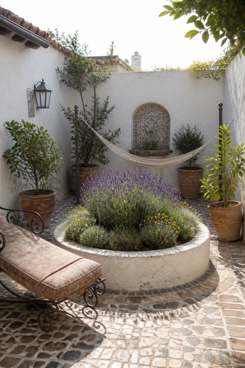 A small paved courtyard features a large circular raised concrete bed planted with lavender and yellow flowers, surrounded by terracotta pots holding small trees and shrubs, with a hammock strung across the yard and a decorative tiled fountain on the back wall.