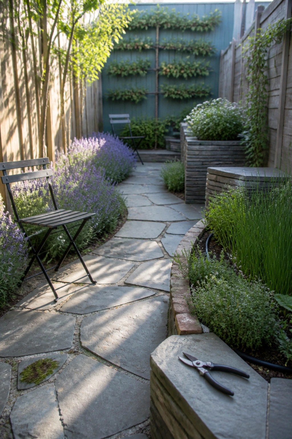 A narrow backyard garden features a winding flagstone path lined with purple flowers, black folding chairs, and a teal wall covered in vertical planters.