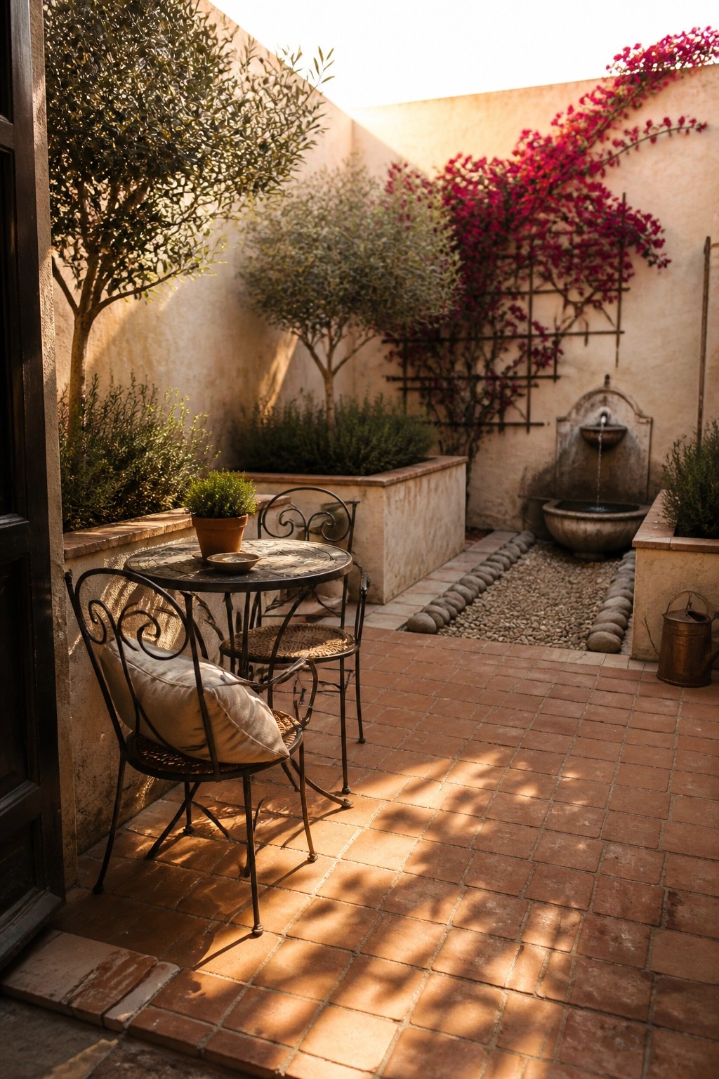 A small terracotta-tiled patio holds a round metal table with two chairs in the corner of a walled courtyard, with a stone fountain and flowering vines visible in the background.