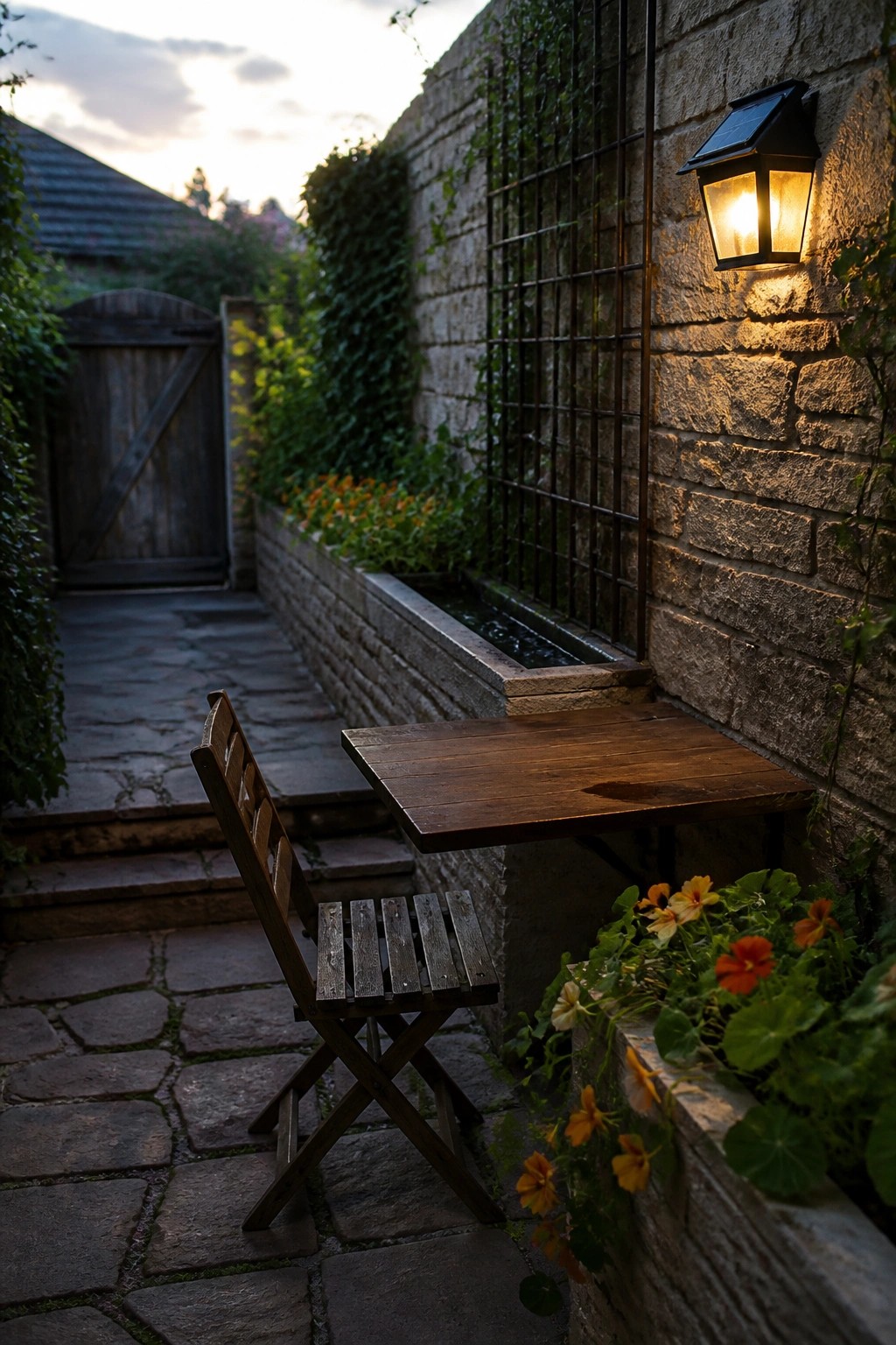 A wooden folding chair and attached table sit on a stone patio beside a vine-covered wall with a lit lantern above.
