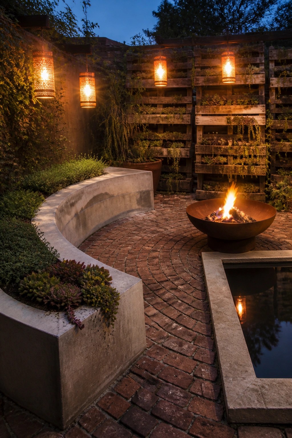 A small backyard at dusk with a curved concrete bench, brick patio, round metal fire pit, hanging lanterns, and vertical wooden planters along the back wall.