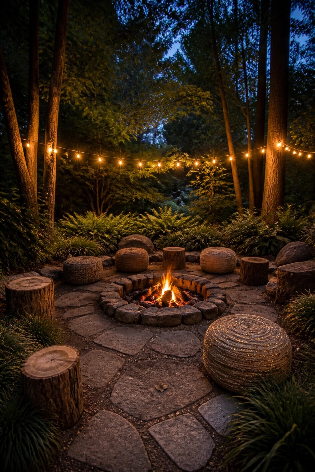 Cozy nighttime campfire in stone pit amid tree stumps, woven seats, and glowing string lights.