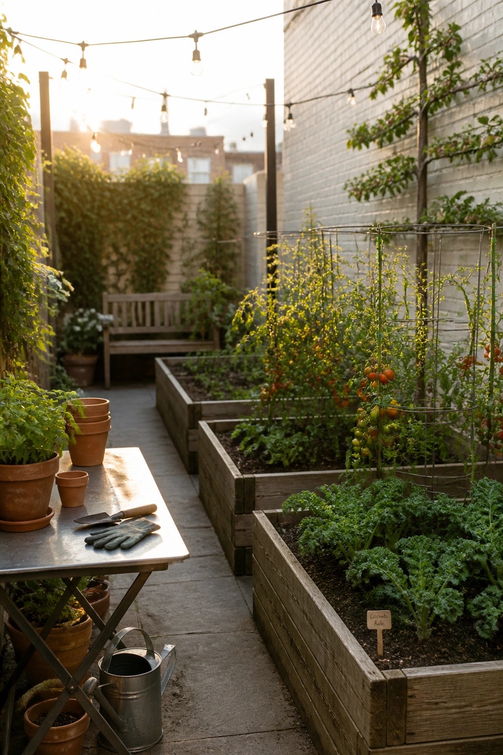A backyard garden with raised wooden beds growing tomatoes and kale, a metal table holding pots and tools in the foreground, and string lights overhead.