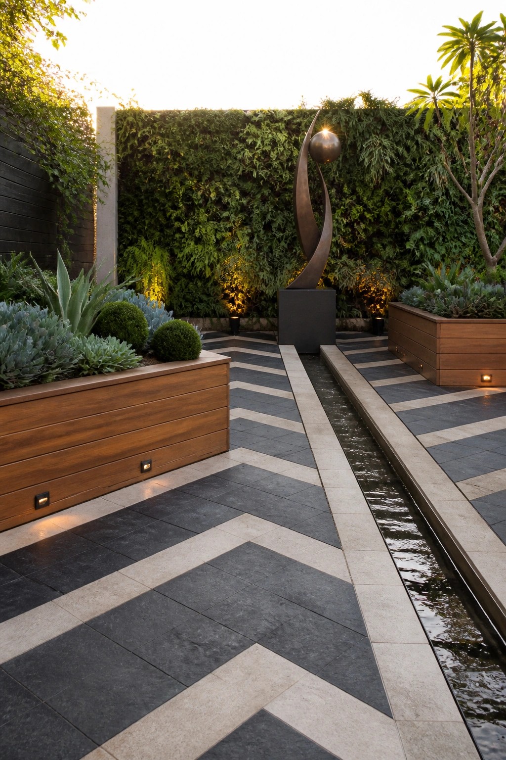 A backyard garden path with chevron-patterned dark and light stone tiles includes a narrow water channel running parallel to raised wooden planters and a tall metal sculpture against a green living wall.