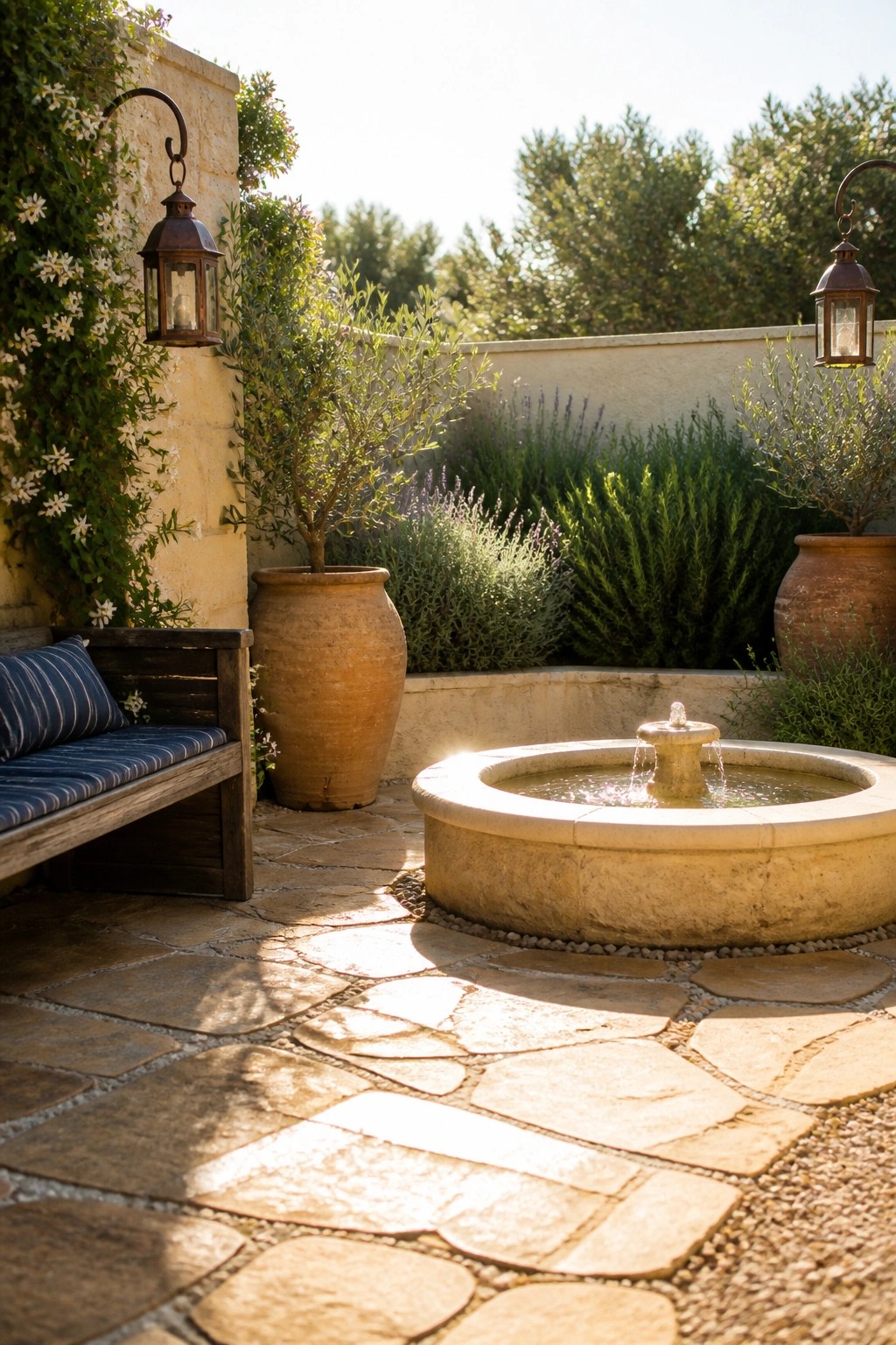 A circular stone fountain sits on a flagstone patio beside a wooden bench with blue cushions, flanked by large terracotta pots and wall lanterns.
