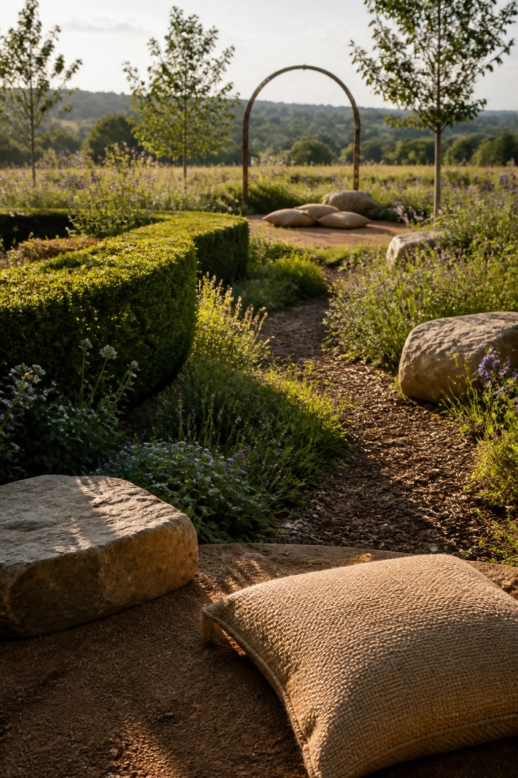 A winding garden path bordered by hedges and wildflowers includes large boulders and burlap cushions placed directly on the ground.