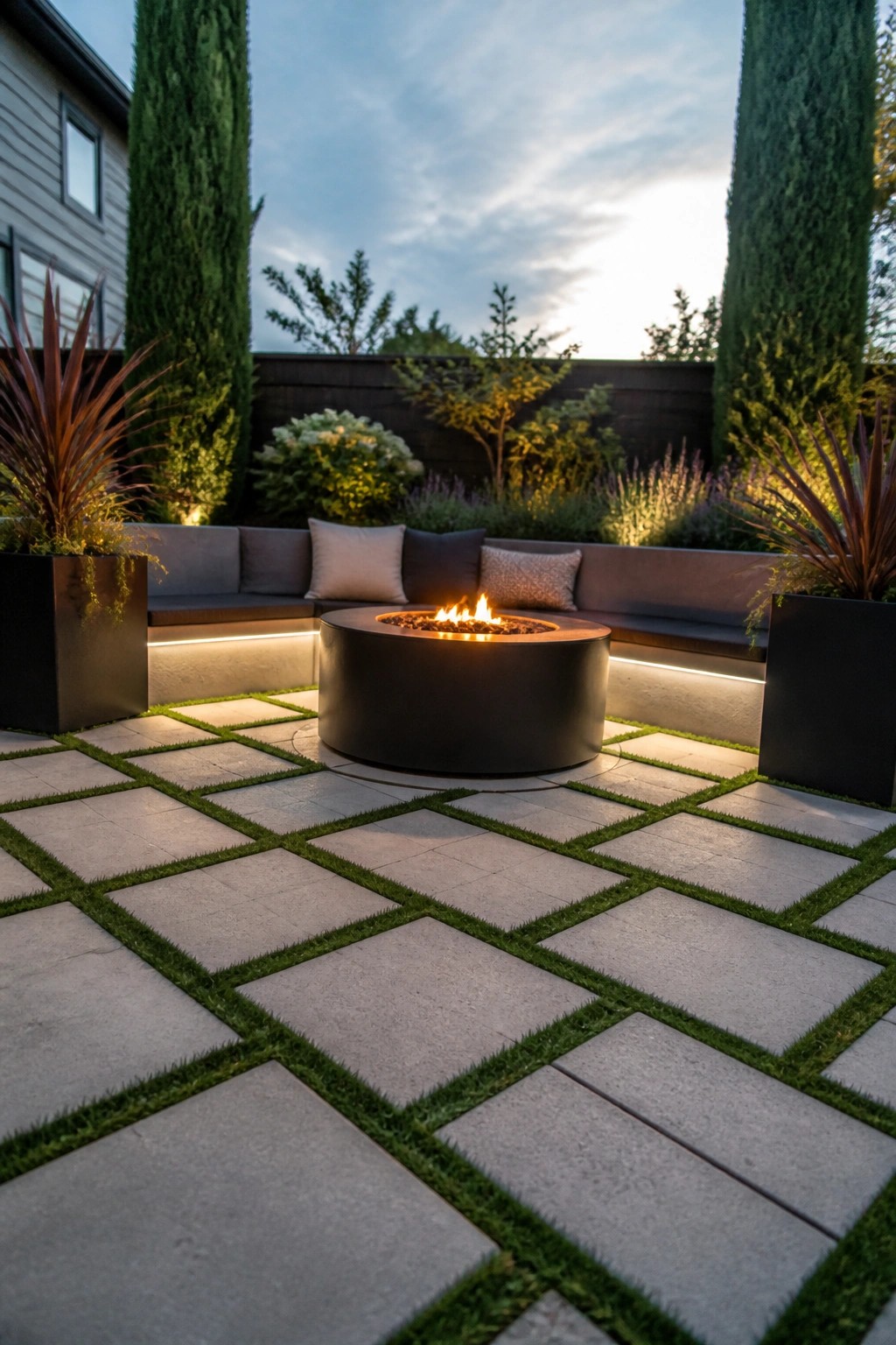 A round dark fire pit sits centered on a patio of large square pavers with grass between them, surrounded by built-in bench seating and tall planters.