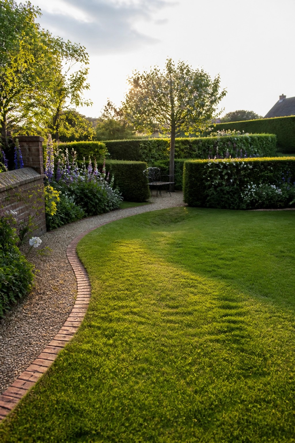 A backyard garden shows a curved gravel path with brick edging running alongside a mown lawn, trimmed hedges, and a single chair under a tree.