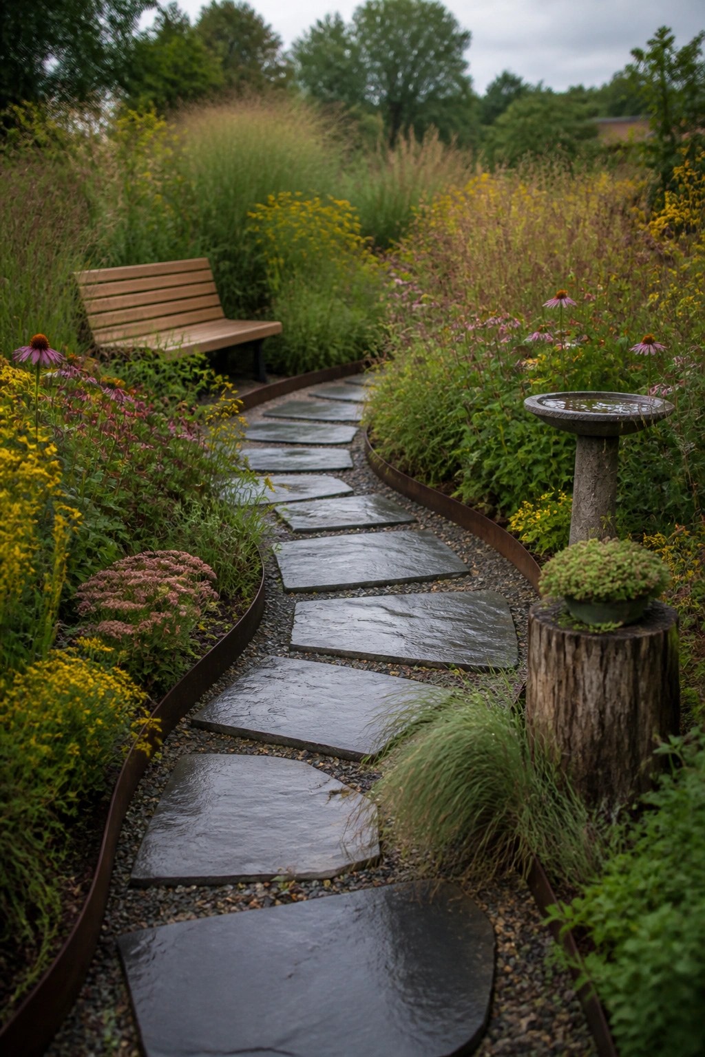 A curved path of irregular gray stone slabs runs through a dense garden of colorful flowers and grasses, with a wooden bench on the left side and a birdbath on a tree stump to the right.