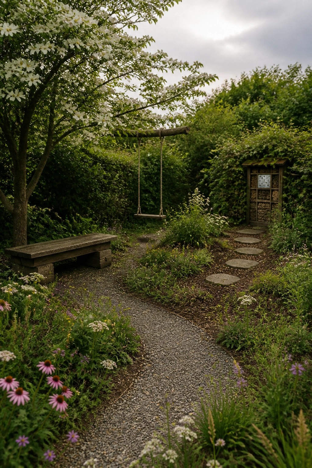 A gravel path curves through a lush garden with a wooden bench on the left, a rope swing hanging from a tree branch, stepping stones on the right, and dense flowering plants throughout.