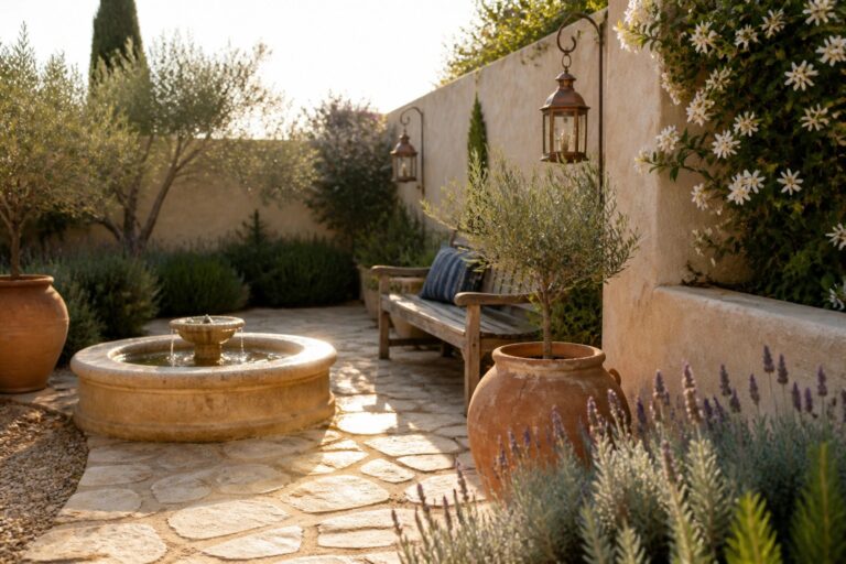 A circular stone fountain sits on a flagstone patio beside a wooden bench with blue cushions, flanked by large terracotta pots and wall lanterns.