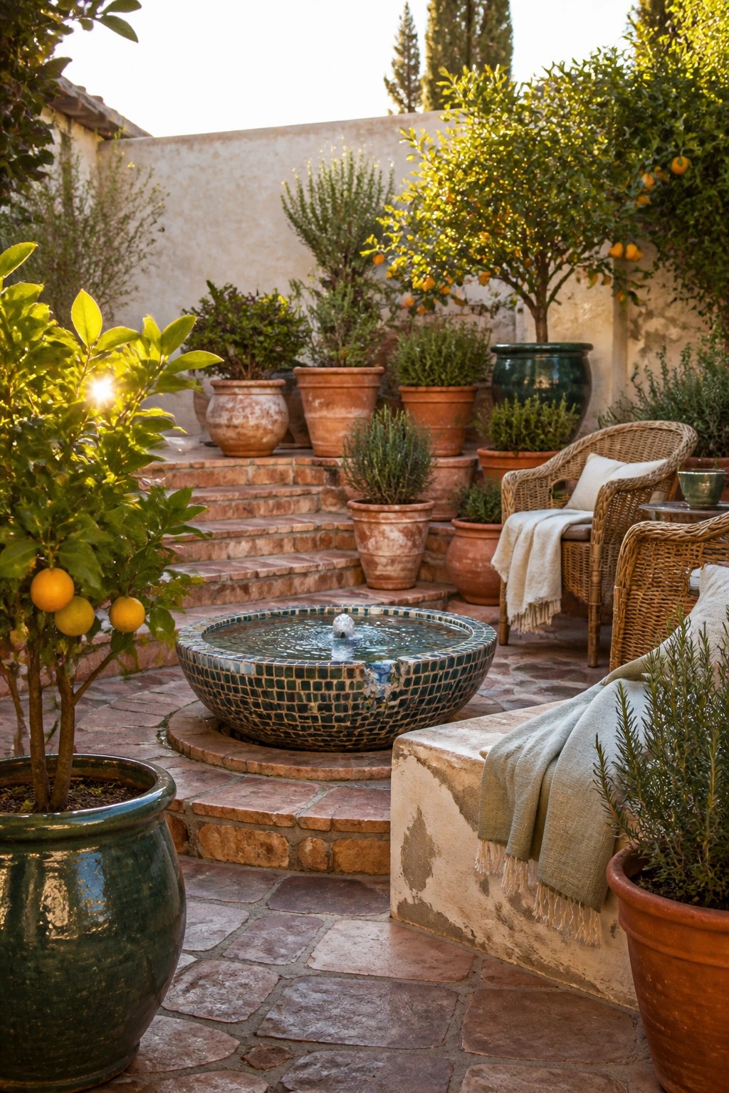 Sunlit courtyard with mosaic fountain, potted citrus trees, and wicker chairs
