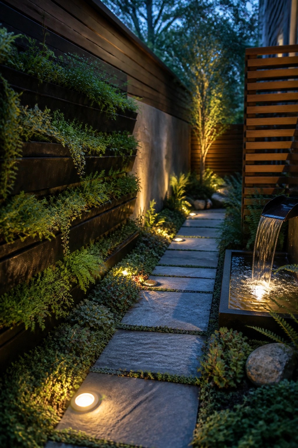 A narrow stone pathway with recessed lights runs beside a vertical fern wall on the left and a wooden water feature on the right.