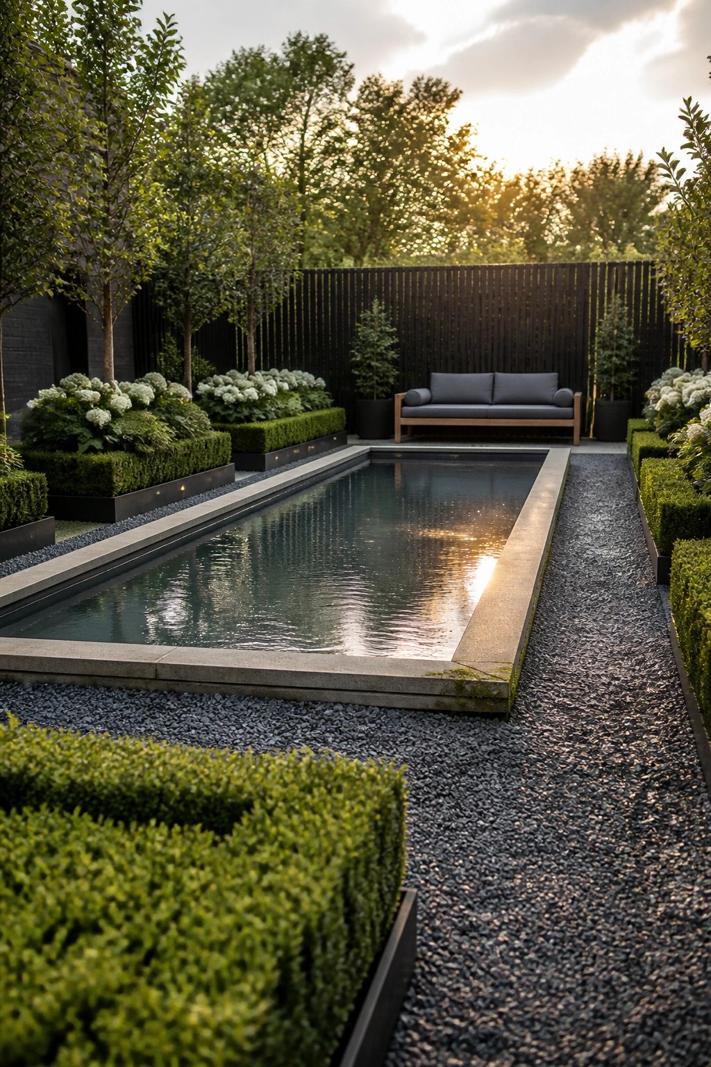 Modern rectangular pool in landscaped garden with gravel paths, hedges, and gray sofa at sunset