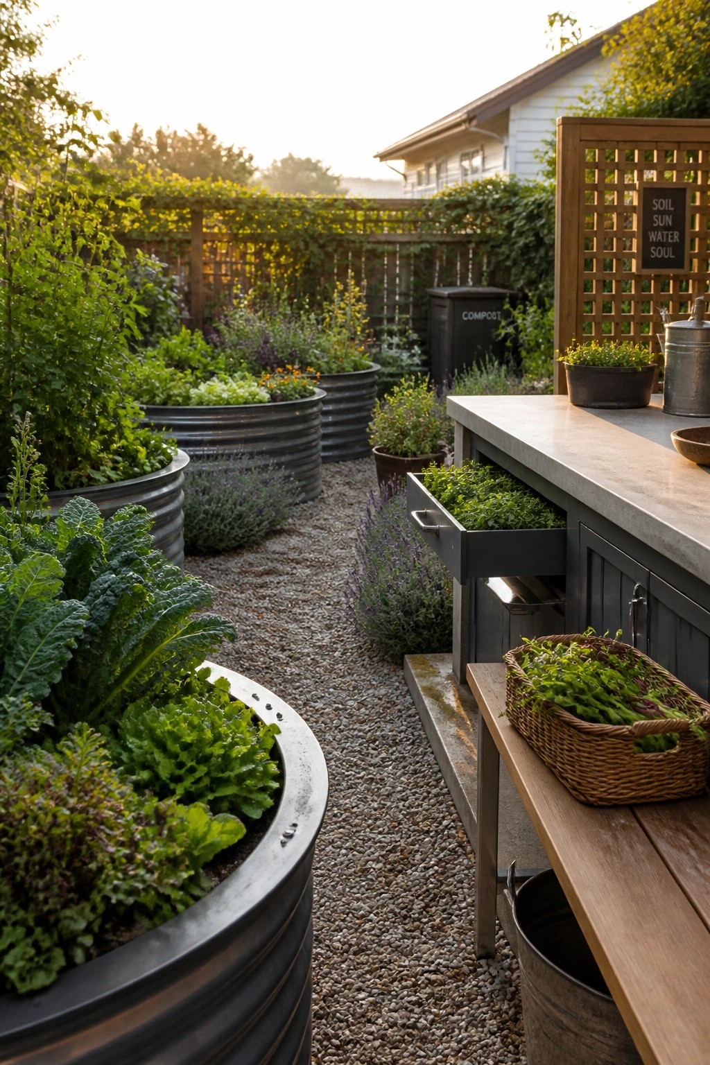 A backyard garden featuring large galvanized metal containers planted with vegetables and herbs along a gravel path, with a wooden potting bench holding a basket of greens.