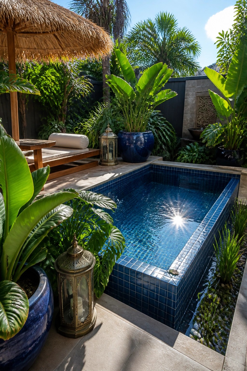 A rectangular blue-tiled pool sits beside a wooden lounge bench under a thatched umbrella, with large potted tropical plants and metal lanterns on the surrounding stone deck.