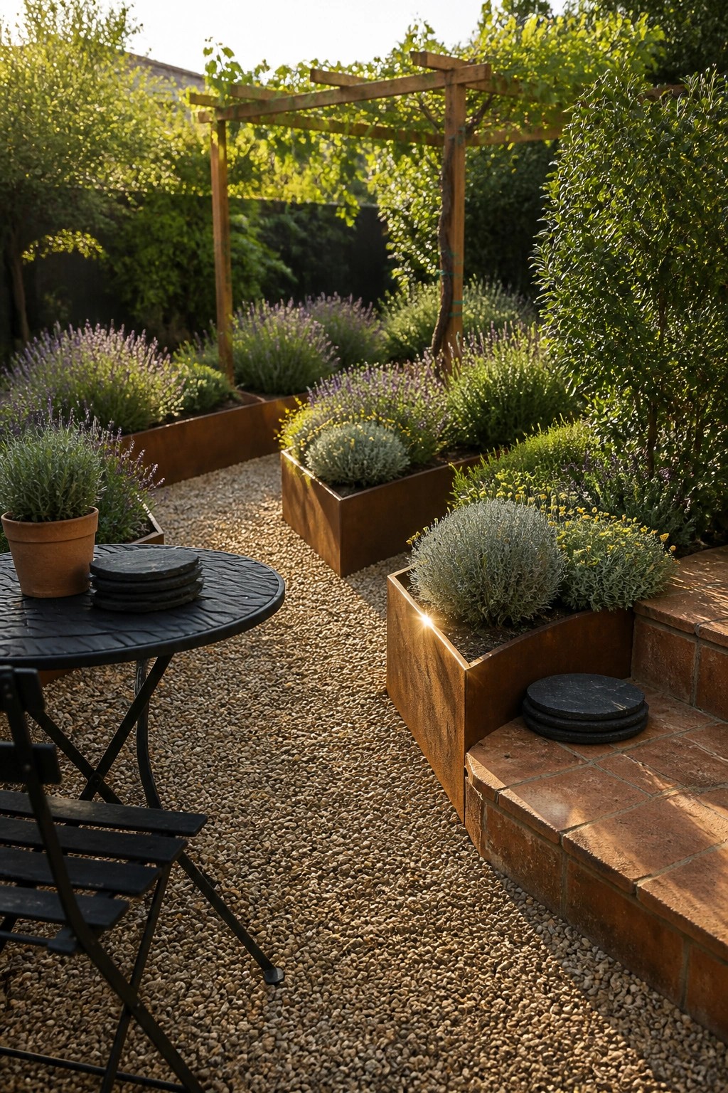 A backyard garden featuring gravel paths lined with rectangular raised metal planters containing lavender and other shrubs, a wooden pergola overhead, and a small seating area with a black table and chair in the foreground.