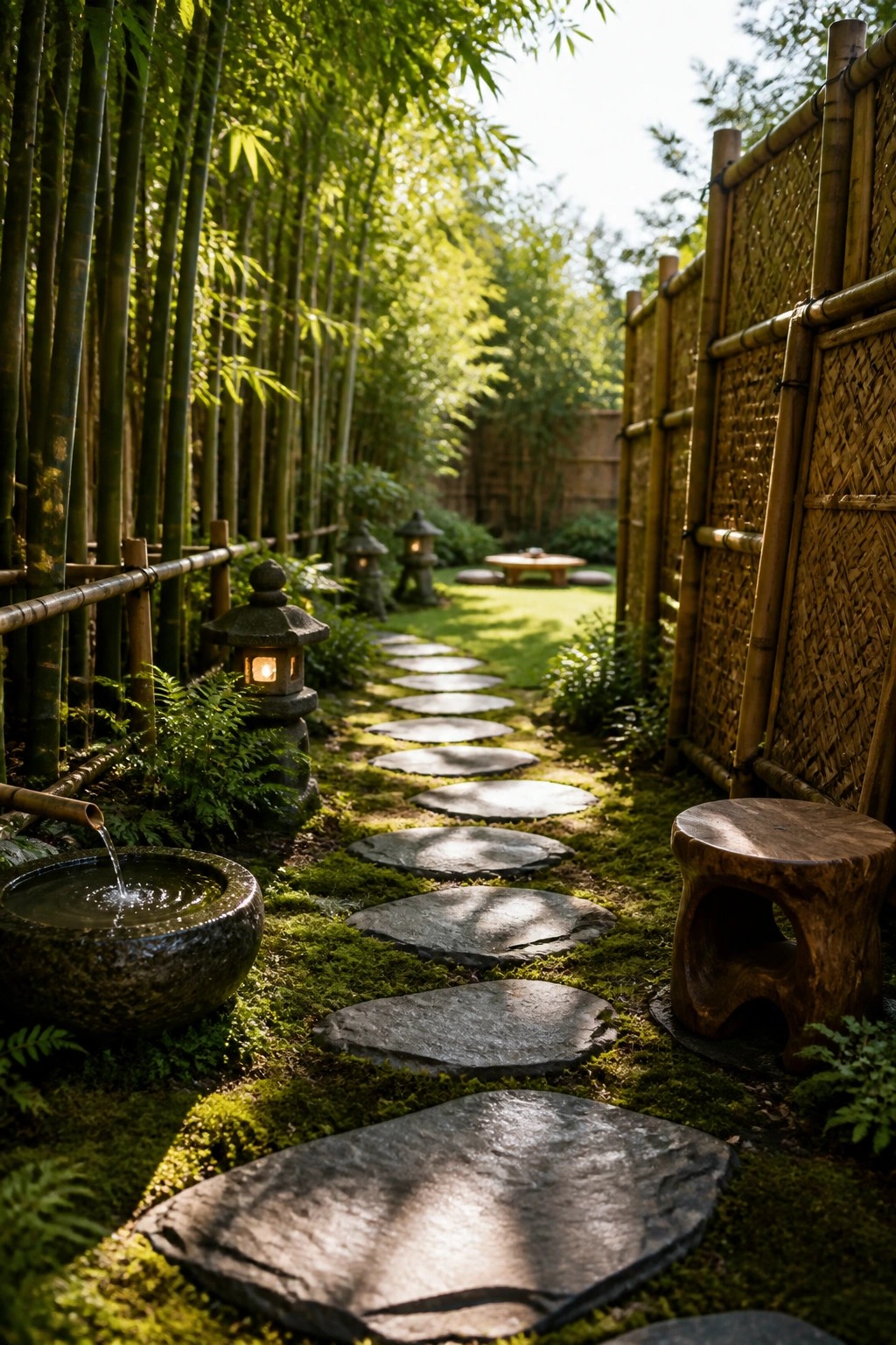 A garden path of irregular gray stepping stones winds through green moss beside tall bamboo stalks and a stone water basin.