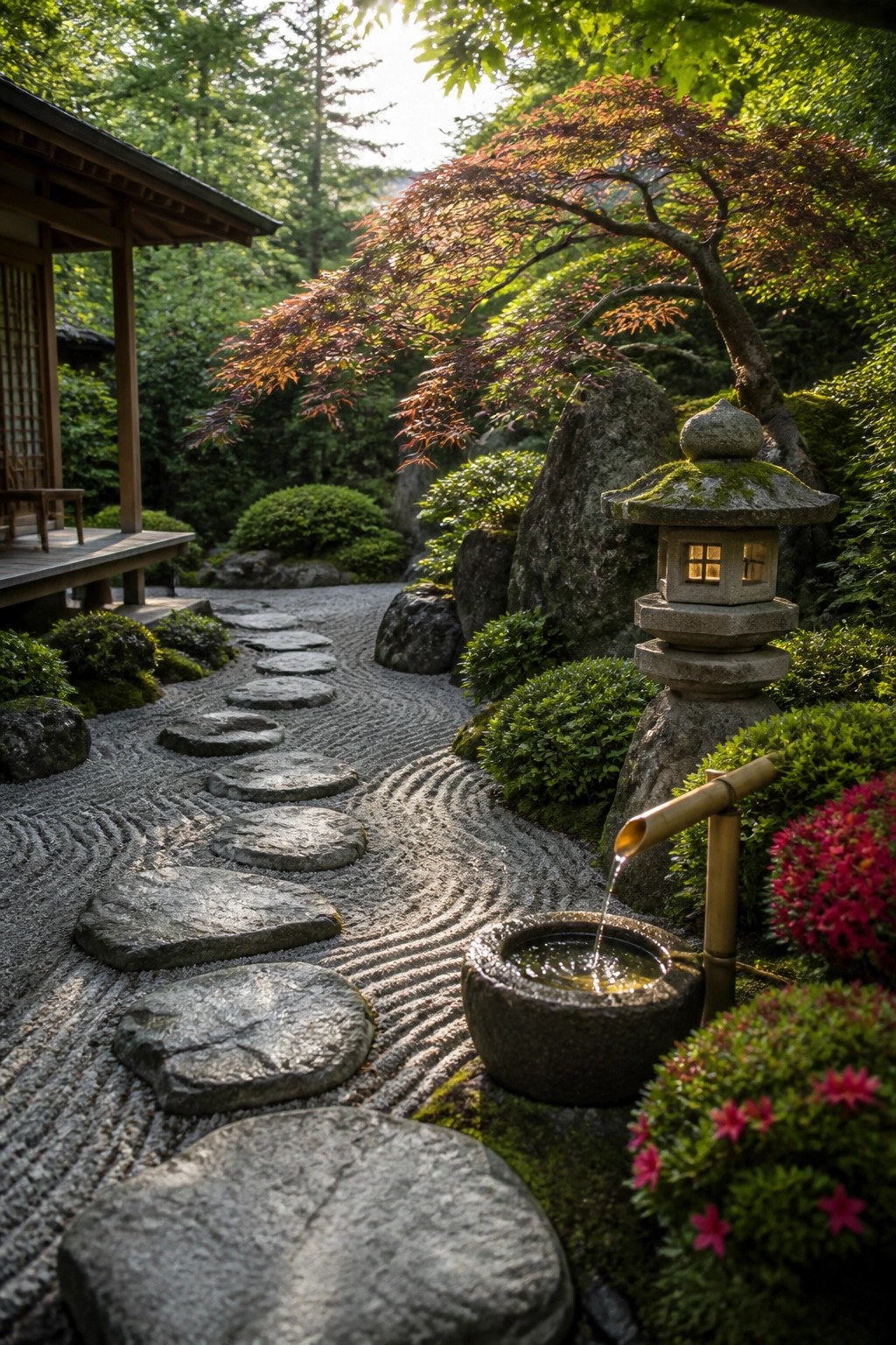 A winding path of large flat stepping stones set in raked gray gravel leads through a Japanese-style garden with rocks, green shrubs, a mossy stone lantern, and a bamboo water spout.