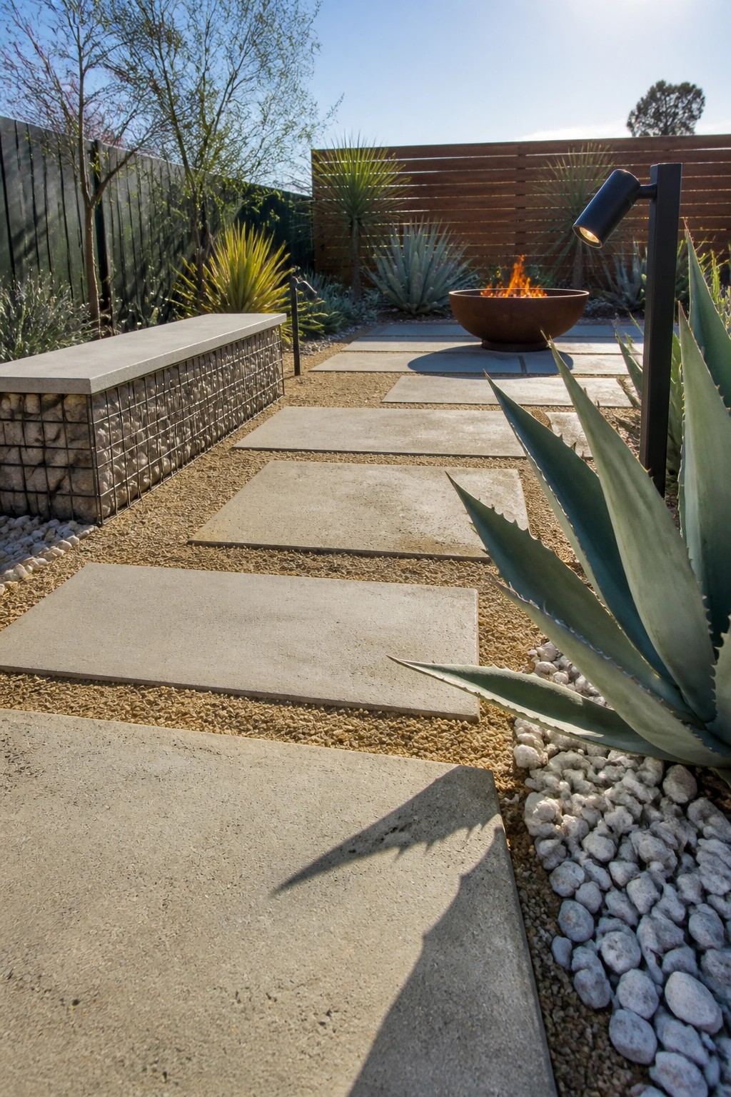 A backyard garden path of large rectangular concrete pavers set in gravel, bordered by agave plants and leading toward a fire pit area.