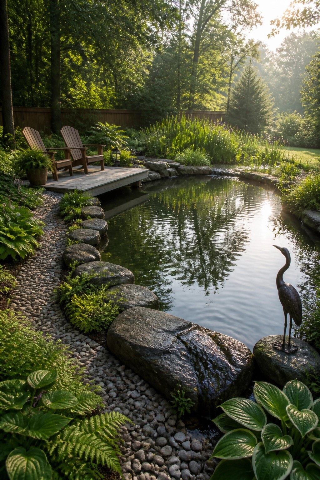 A backyard pond with a curving path of flat stepping stones along one edge, large rocks bordering the water, a small wooden deck with two chairs, and surrounding green plants and trees.