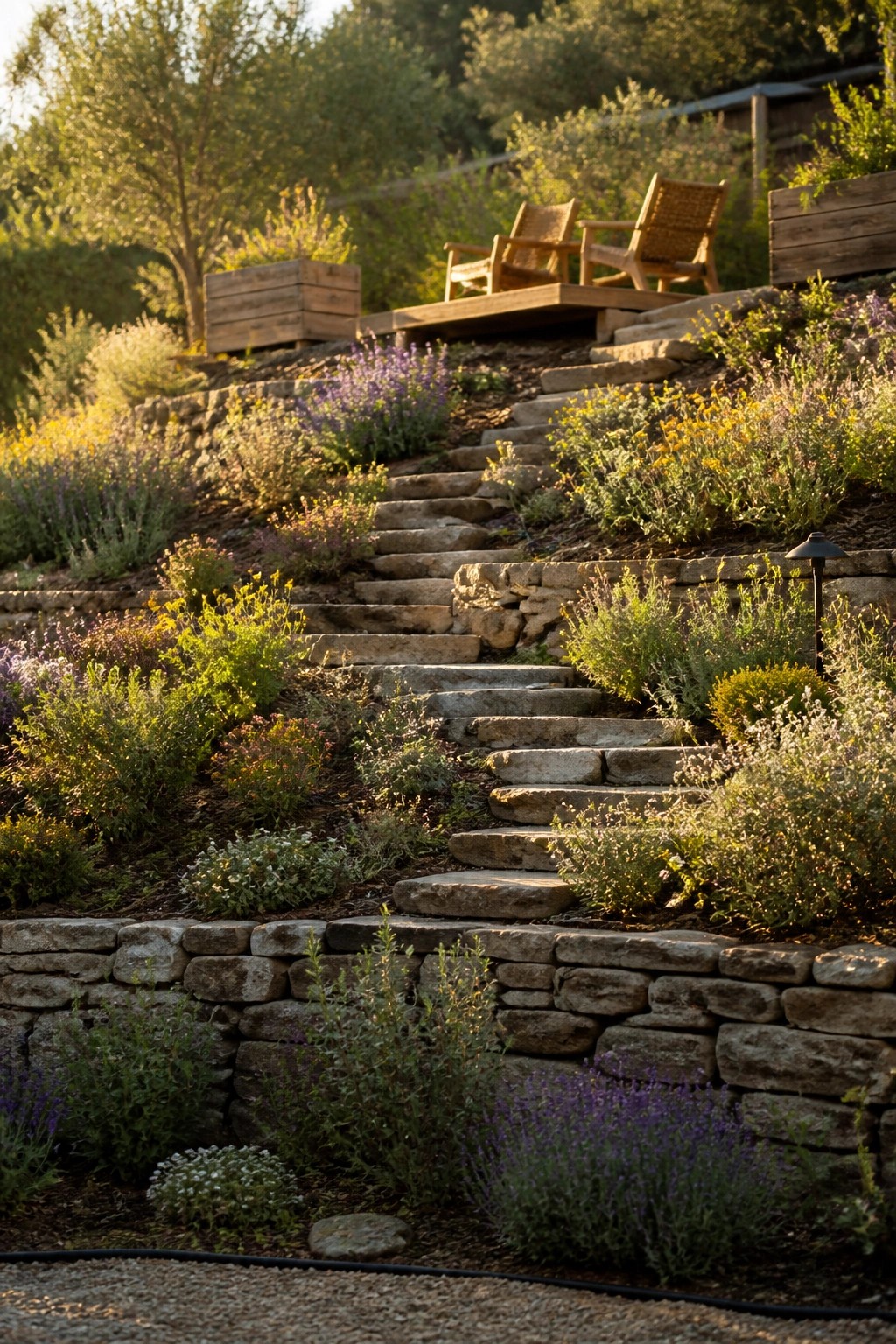 Stone steps ascend through blooming hillside garden to wooden chairs on deck.