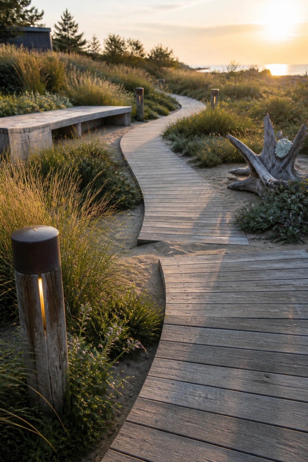 A wooden boardwalk curves through coastal grasses, plants, and low lighting toward the ocean at sunset.