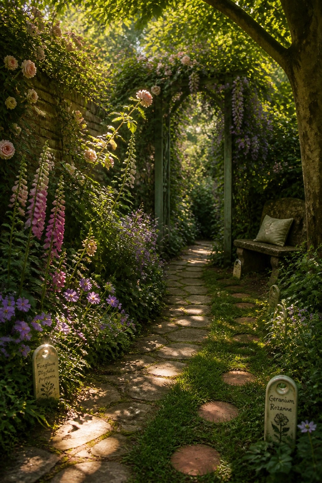 A narrow stone pathway curves through dense flower beds with pink foxgloves and purple blooms, passing under a vine-covered arch toward a stone bench.
