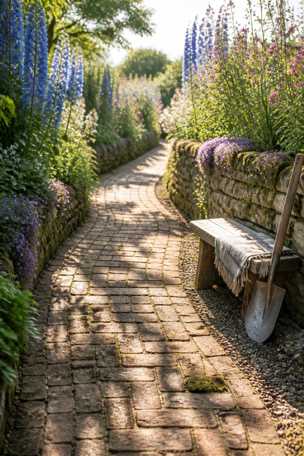 A curved brick garden path bordered by tall blue and purple flowers with a wooden bench and shovel beside a mossy stone wall.