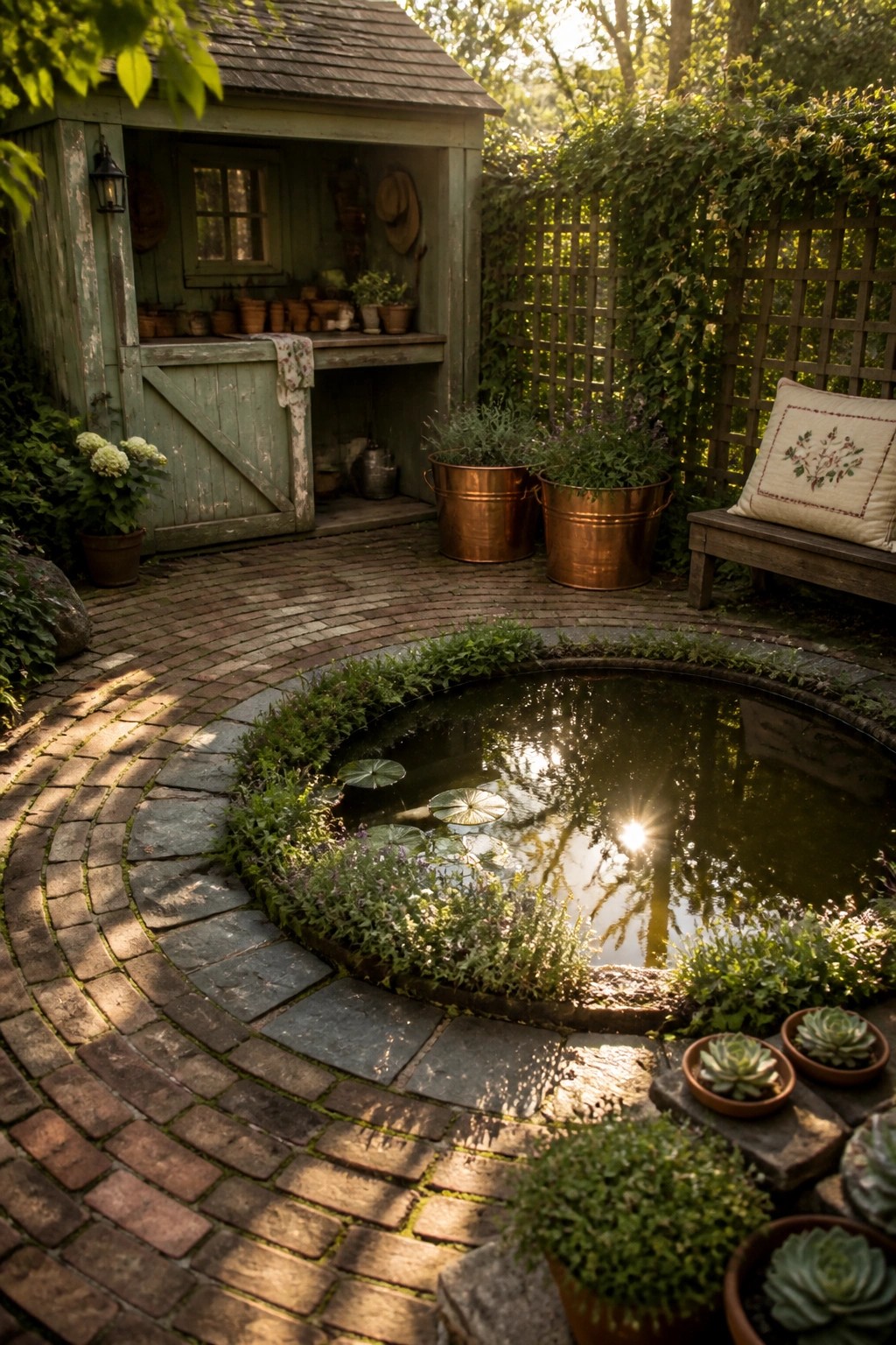 Rustic garden with circular pond, brick path, shed, and copper planters.